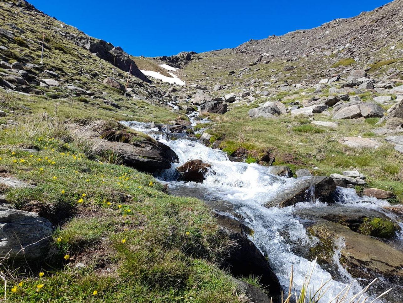 Spain's Sierra Nevada with a water stream rushing down a mountainside.